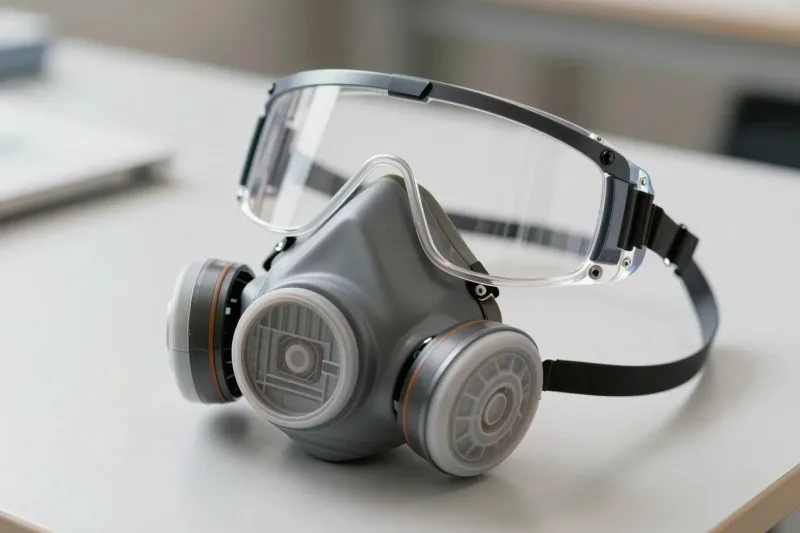 Halbmaske mit zwei Filtern und eine Schutzbrille liegen auf einer hellen Arbeitsfläche