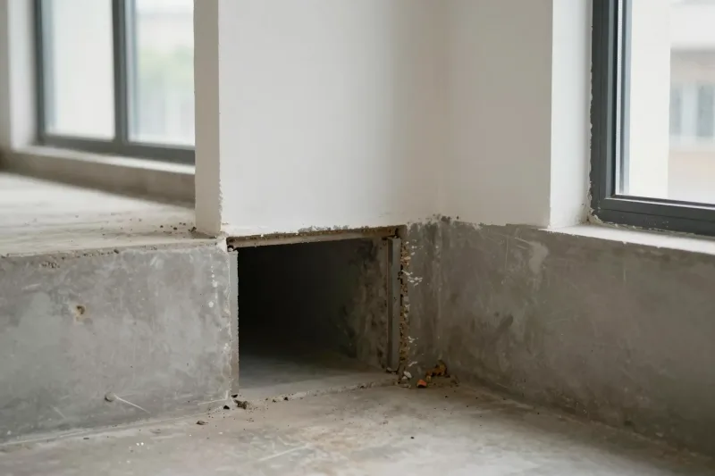 Offener Spalt zwischen Wandfuß und Estrich in einem Rohbau, daneben Bauschutt