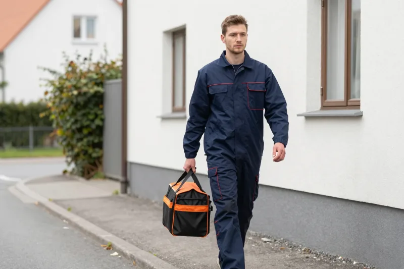 Schädlingsbekämpfer in dunkelblauem Overall geht mit Werkzeugtasche über den Gehweg auf ein Wohnhaus zu