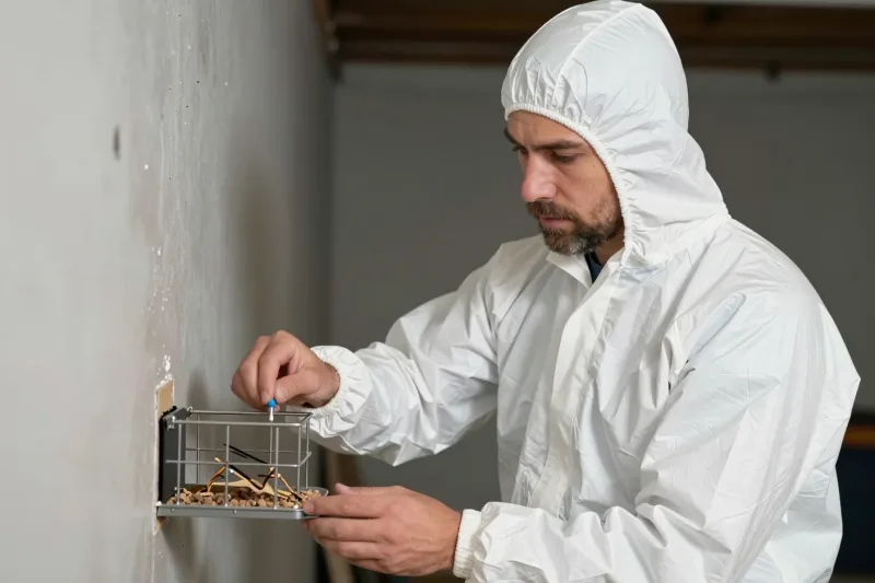 Fachkraft im Schutzanzug setzt eine gesicherte Köderstation an der Kellerwand über dem Boden an