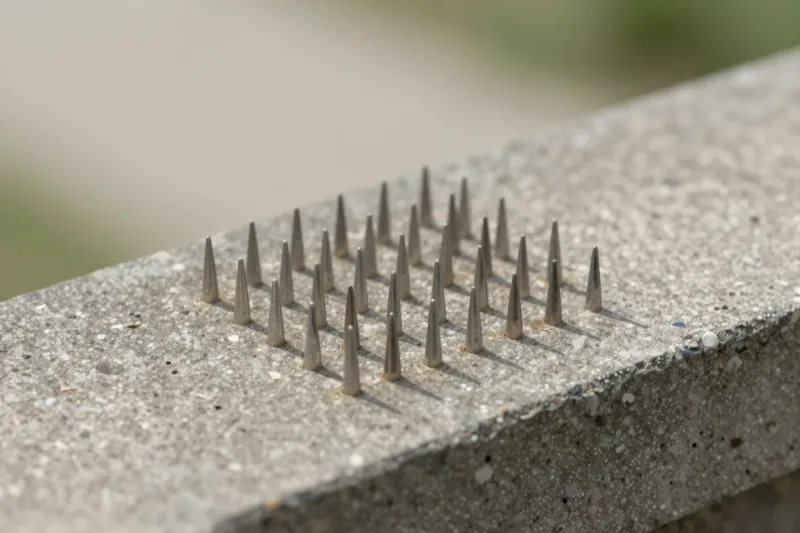 Reihen von Edelstahl-Spikes auf einem Betonsims im Freien