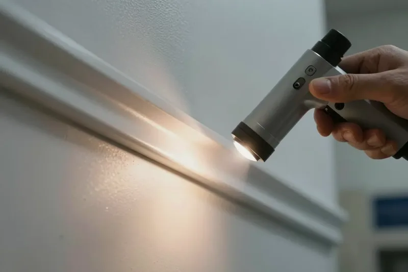 Hand leuchtet mit einer Inspektionsleuchte flach über eine helle Sockelleiste
